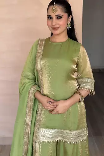 parrot green silk blend palazzo set with lace work