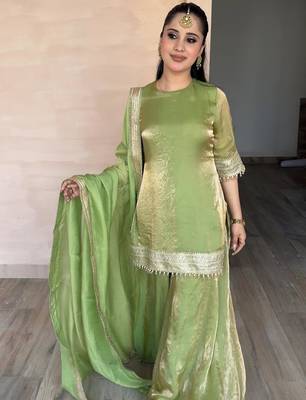 parrot green silk blend palazzo set with lace work
 3