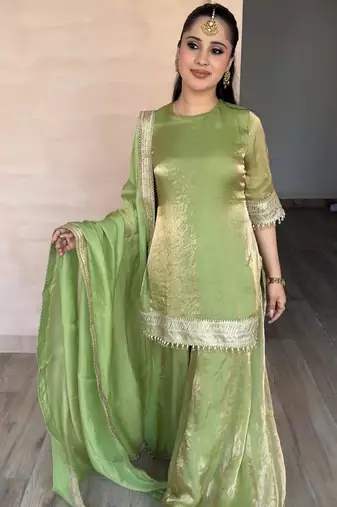 parrot green silk blend palazzo set with lace work