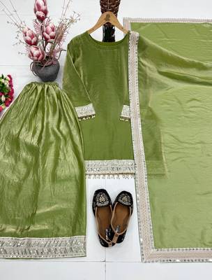 parrot green silk blend palazzo set with lace work
 4