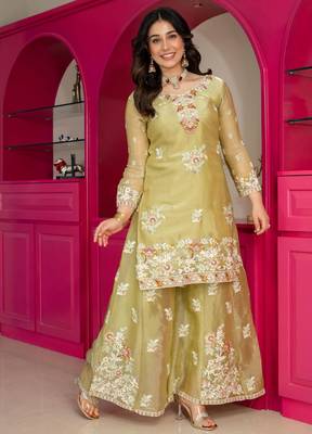 light parrot green silk blend palazzo set with floral embroidery
 2