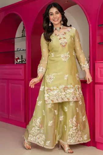 light parrot green silk blend palazzo set with floral embroidery