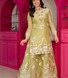 light parrot green silk blend embroidered palazzo set