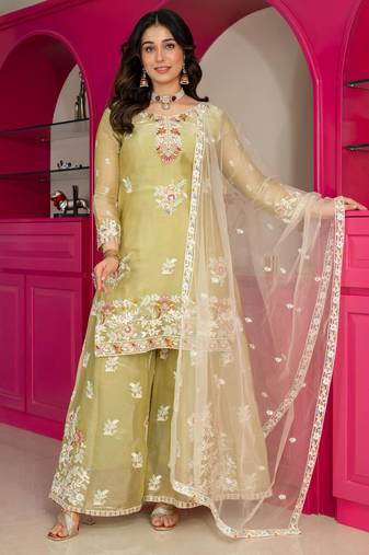 light parrot green silk blend embroidered palazzo set