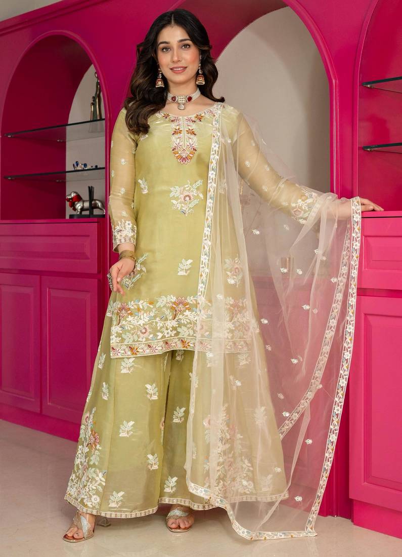 light parrot green silk blend embroidered palazzo set