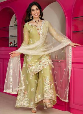 light parrot green silk blend palazzo set with floral embroidery
 3