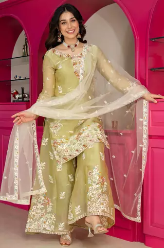 light parrot green silk blend palazzo set with floral embroidery