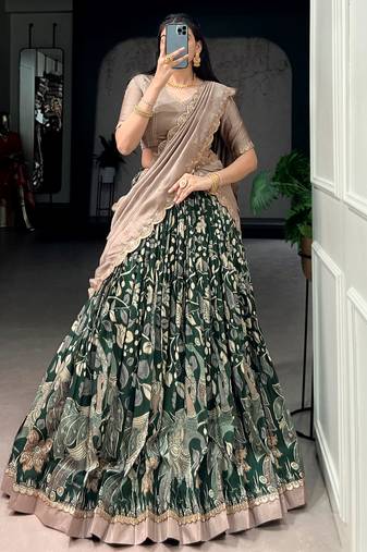 Wonderful Green Kalamkari Printed Silk Mehendi Wear Half Saree Lehenga