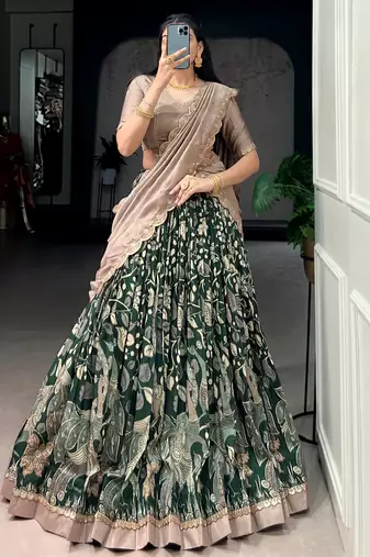 Wonderful Green Kalamkari Printed Silk Mehendi Wear Half Saree Lehenga