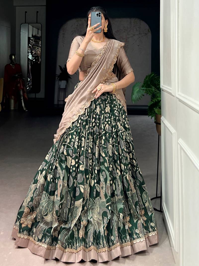 Wonderful Green Kalamkari Printed Silk Mehendi Wear Half Saree Lehenga