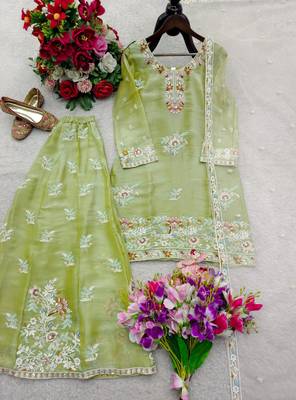 light parrot green silk blend palazzo set with floral embroidery
 4