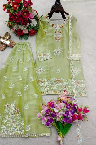 light parrot green silk blend palazzo set with floral embroidery