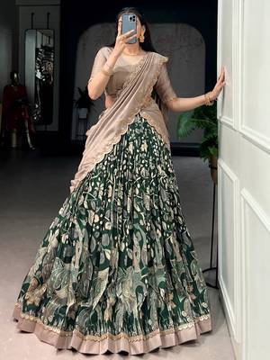 green silk kalamkari half saree lehenga set with printed border 2