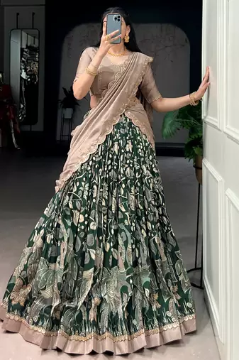 green silk kalamkari half saree lehenga set with printed border