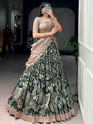 green silk kalamkari half saree lehenga set with printed border 3