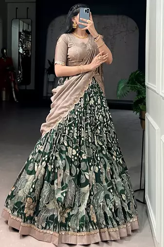 green silk kalamkari half saree lehenga set with printed border