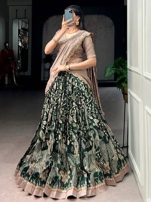 green silk kalamkari half saree lehenga set with printed border 4