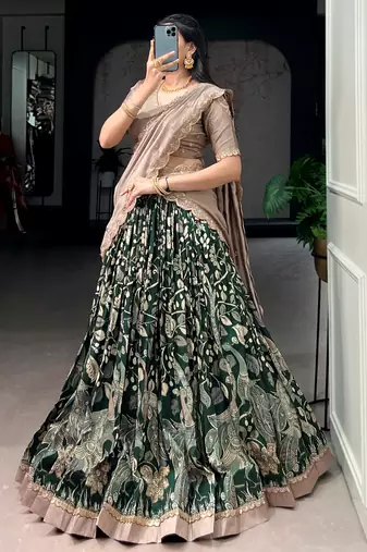 green silk kalamkari half saree lehenga set with printed border