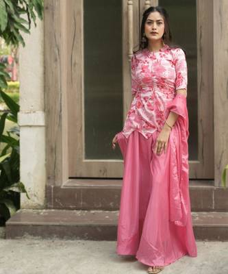 pink silk blend palazzo set with floral print
 2