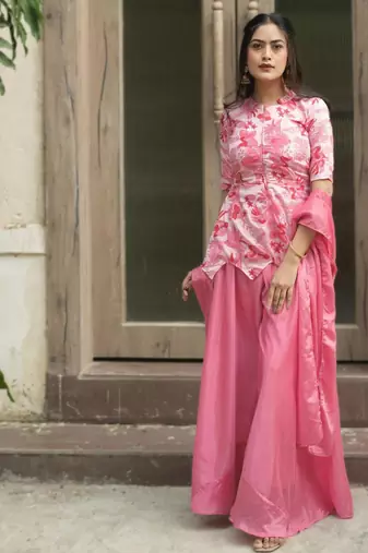 pink silk blend palazzo set with floral print