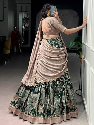 green silk kalamkari half saree lehenga set with printed border 5