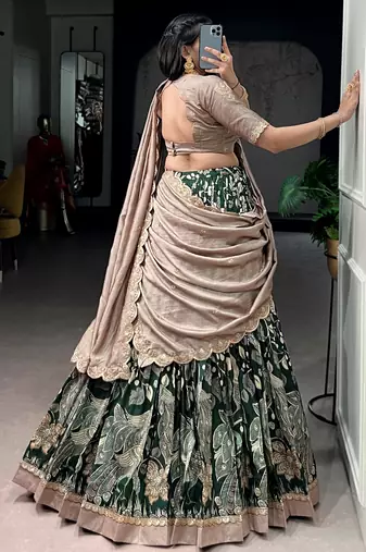 green silk kalamkari half saree lehenga set with printed border