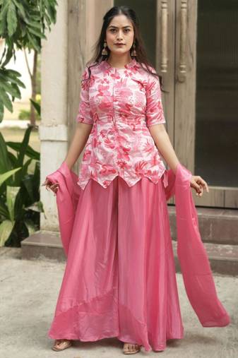 pink silk blend printed palazzo set