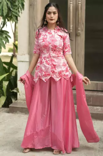 pink silk blend printed palazzo set