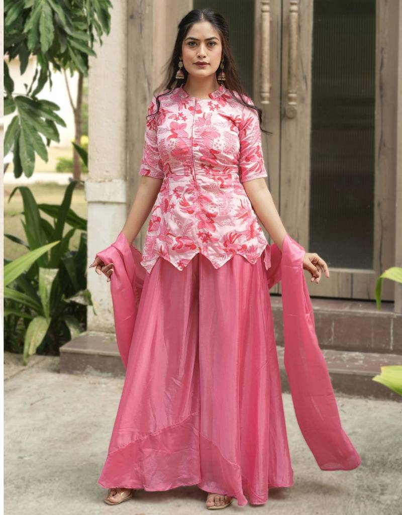 pink silk blend printed palazzo set