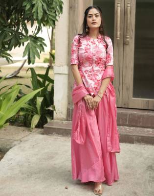 pink silk blend palazzo set with floral print
 3