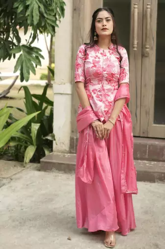 pink silk blend palazzo set with floral print