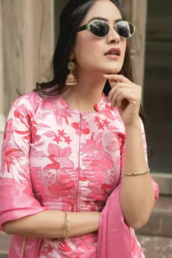 pink silk blend palazzo set with floral print