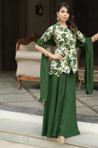 green silk blend palazzo set with leaf print design