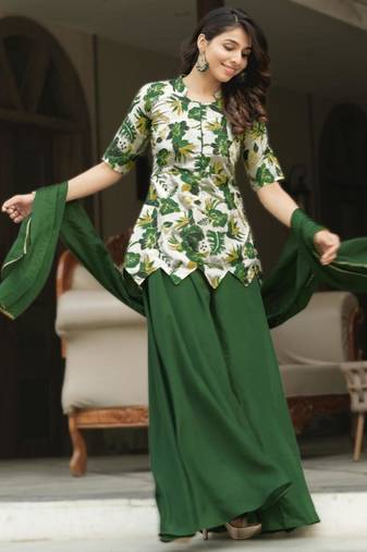 green silk blend printed palazzo set
