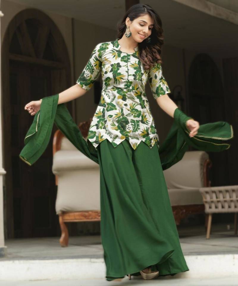 green silk blend printed palazzo set