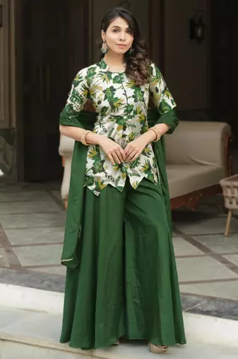 green silk blend palazzo set with leaf print design
