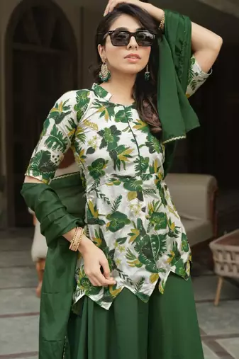 green silk blend palazzo set with leaf print design