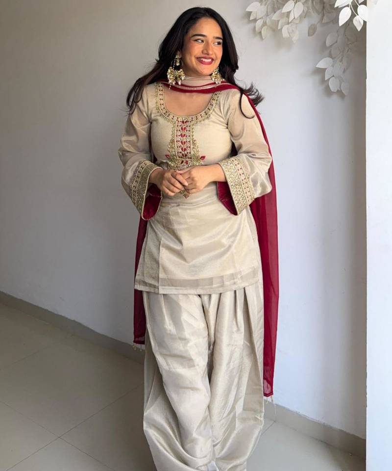 beige organza embroidered farshi salwar set