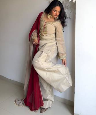 beige organza palazzo set with crimson dupatta
 2