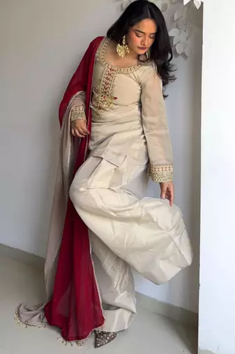 beige organza palazzo set with crimson dupatta