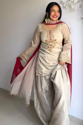 beige organza palazzo set with crimson dupatta