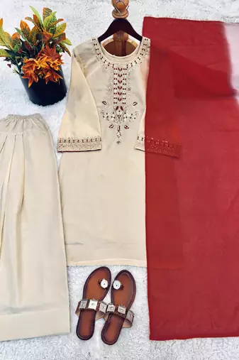 beige organza palazzo set with crimson dupatta