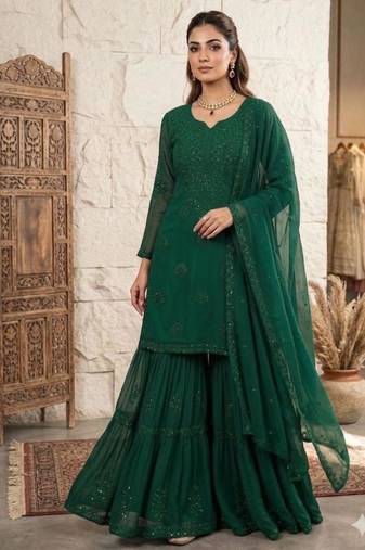 green georgette embroidered sharara set