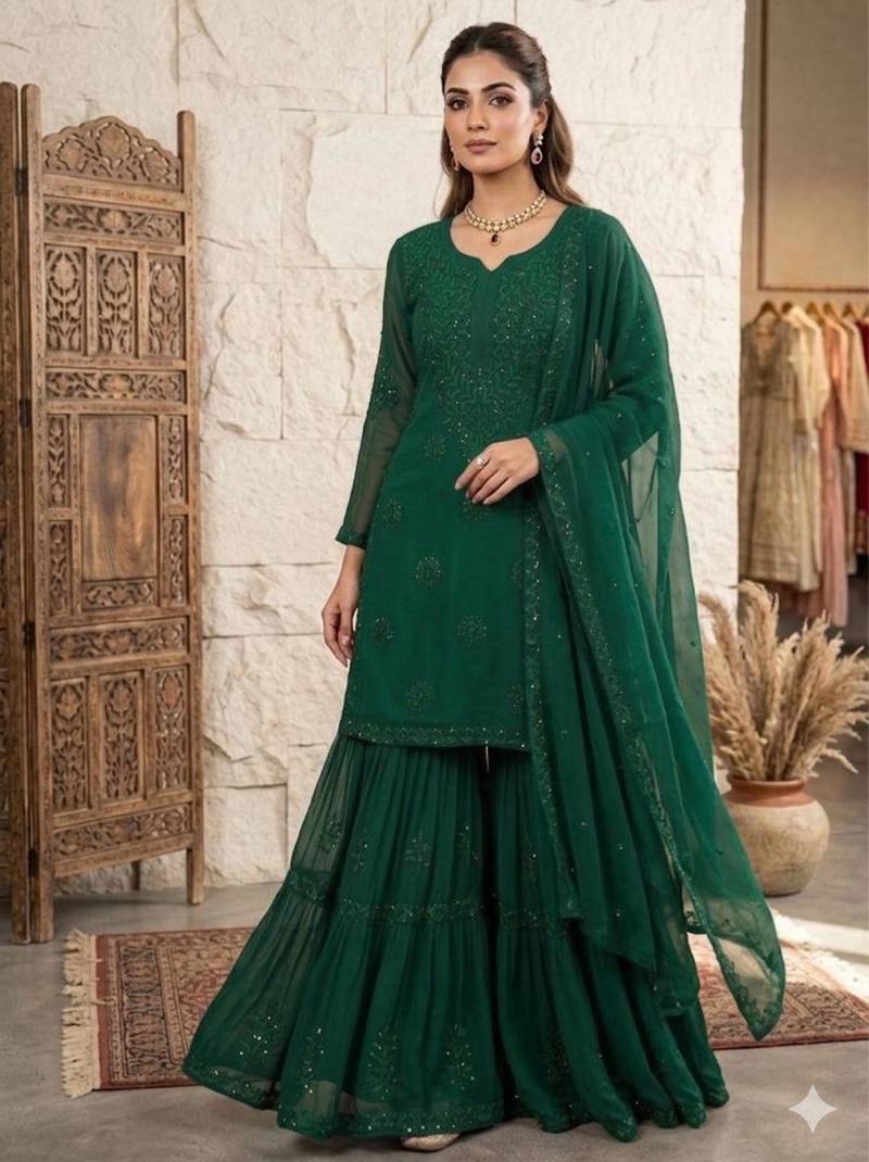 green georgette embroidered sharara set