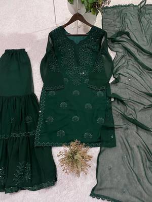 green georgette sharara set with thread embroidery
 2