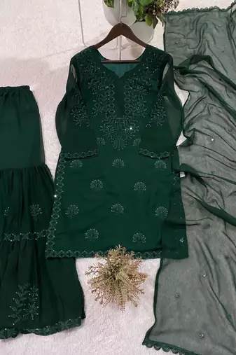 green georgette sharara set with thread embroidery