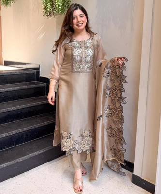 beige silk blend straight kurta set with thread work
 1