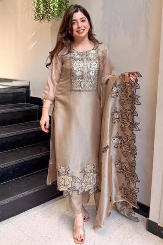 beige silk blend embroidered kurta set