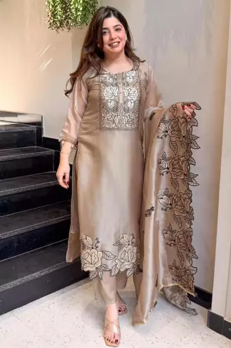 beige silk blend embroidered kurta set