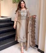 beige silk blend embroidered kurta set